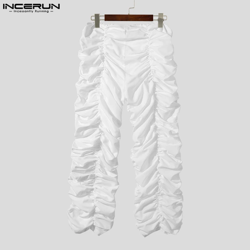 INCERUN 2023 American Style Men\'s Pantalons Fashion Drawstring Design Trousers Casual Streetwear Solid Pleated Long Pants S-5XL