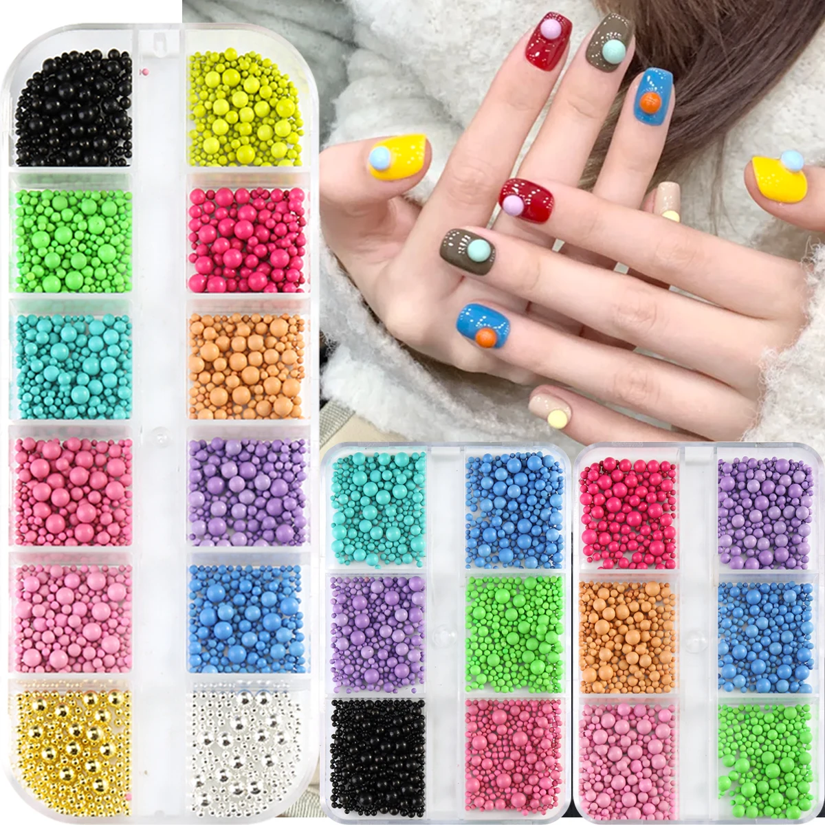 Mini Macaron-Colored Bead Nail Art Decorations, Mini Ball Ornaments, Colored Steel Bead Nail Ornaments, Mixed-Size Nail Jewelry.