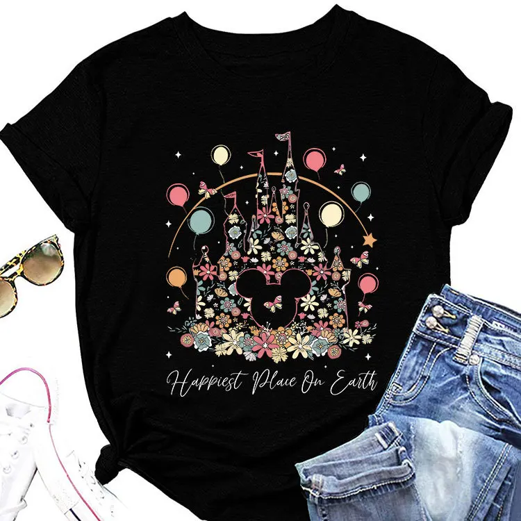 Summer new fashion short sleeve T-shirt happiest place on earth printed loose round neck shirt casual pullover