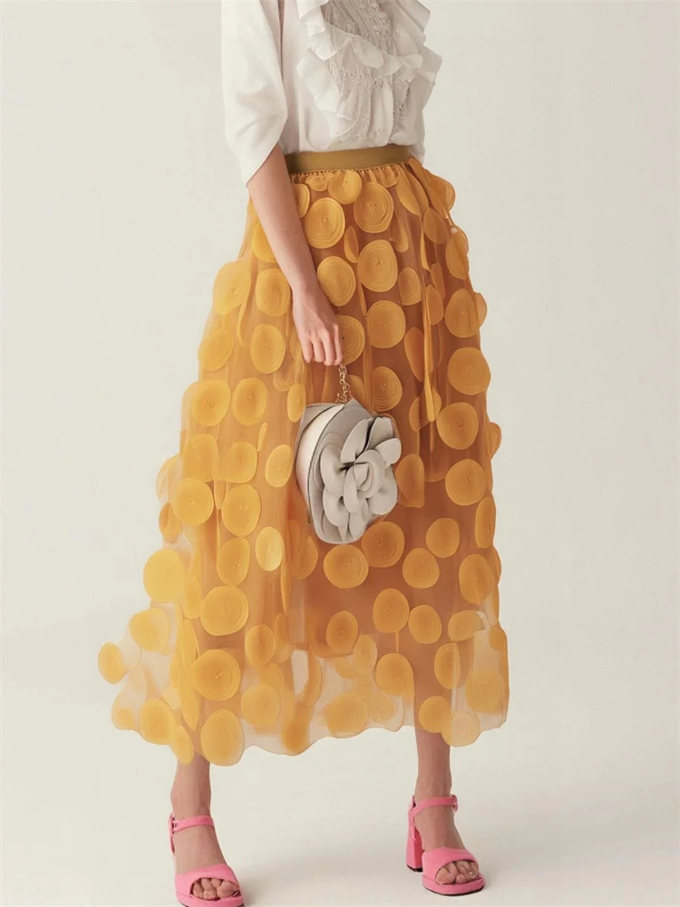 

2025 Hepburn Style Ball Gown Midi Long Mesh Party Women's Skirt Elegant Solid Patchwork Big Swing Elastic Waist Umbrella Skirts