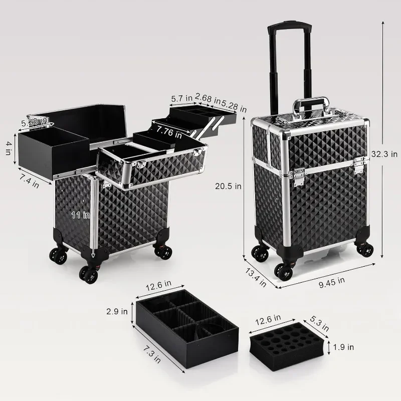 Rolling Makeup Train Case Large Storage Cosmetic Trolley 4 Tray with Sliding Rail Removable Middle Layer with Key Swivel Wheels