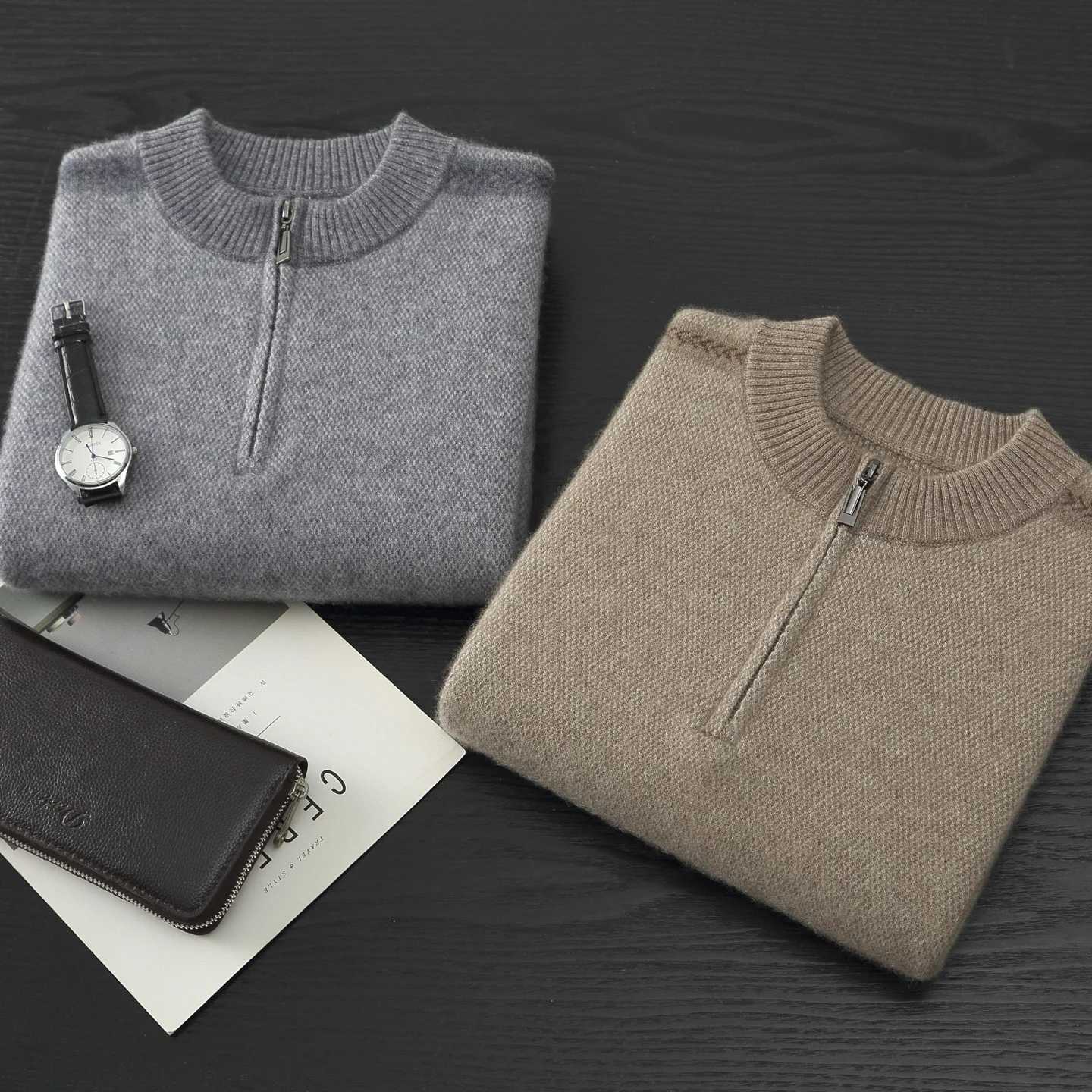 

Men's 100% Cashmere Sweater Mock-neck Thick Zipper Pullover Autumn Winter Soft Warm Cashmere Knitwear Smart Casual Jumper Tops