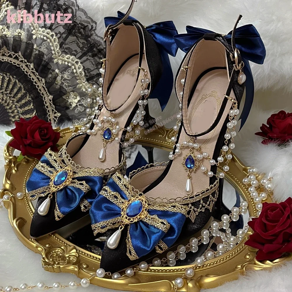 Zapatos de tacón de perlas con lazo de cristal para mujer, tacones finos de punta estrecha de terciopelo, cadena de diamantes de imitación, Color sólido, moda elegante, lujo, Sexy, nuevo