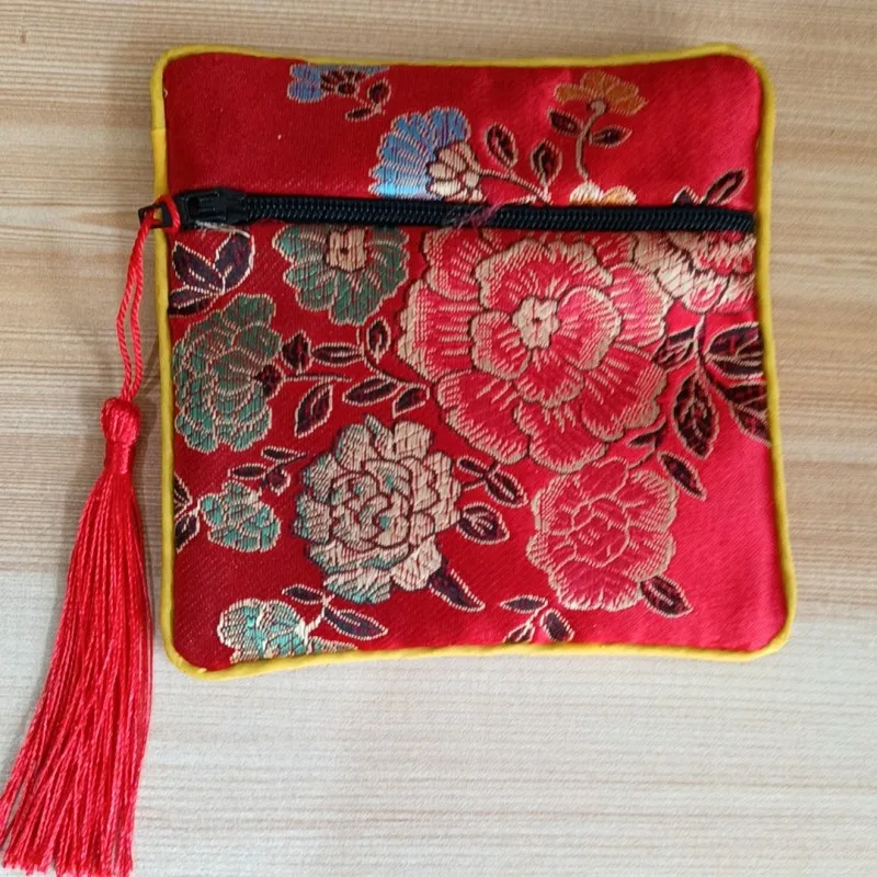 Flower Tassel Zip Purse Chinese Silk Brocade Jewelry Pouch Gift Bags for Bracelets Bangles Packaging 10pcs/lot