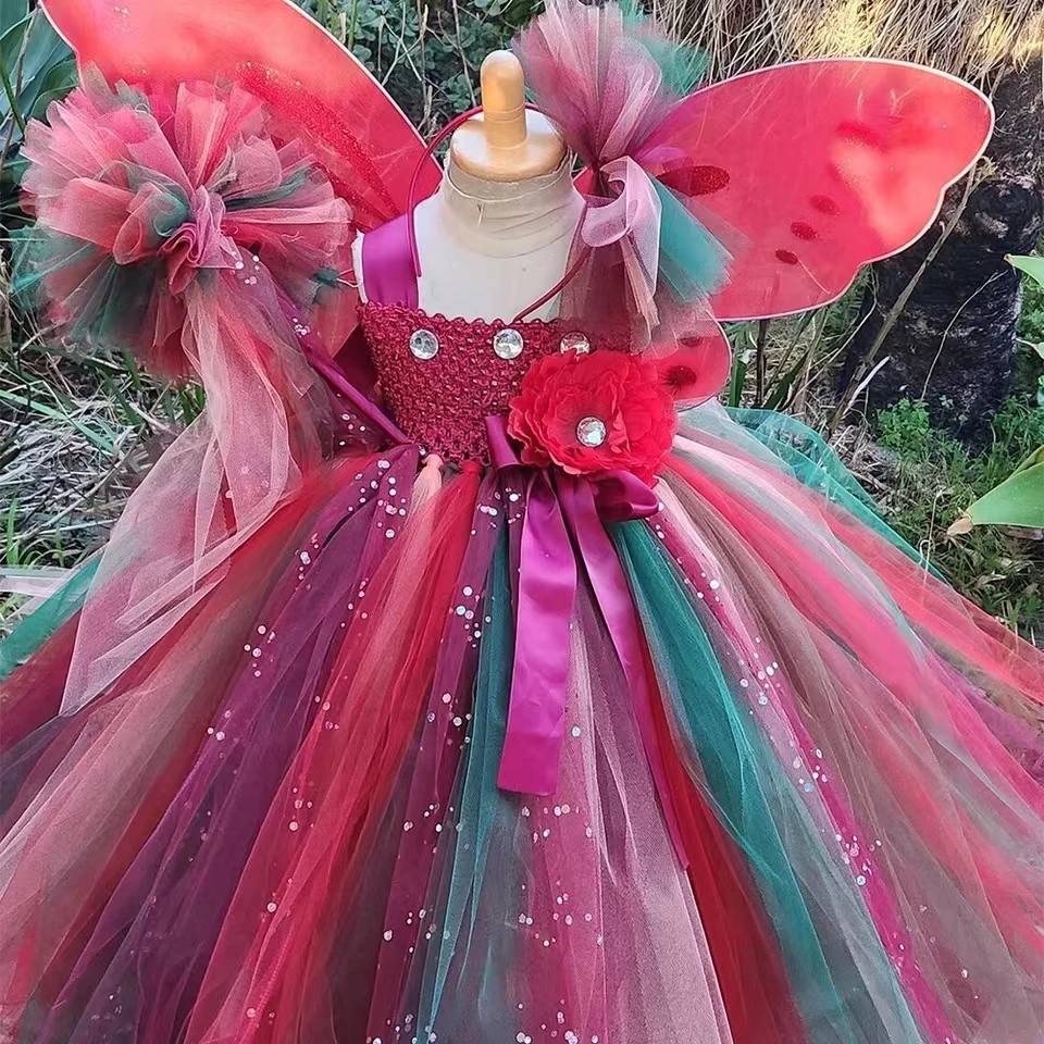 Fall Woodland Fairy Long Tutu Dress for Girls Forest Fairyland Princess Costumes with Wings Kids Flower Girl Party Ball Gown