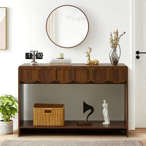 Consolle stretta con cassetti, tavolo da ingresso Mid-Century da 43', noce