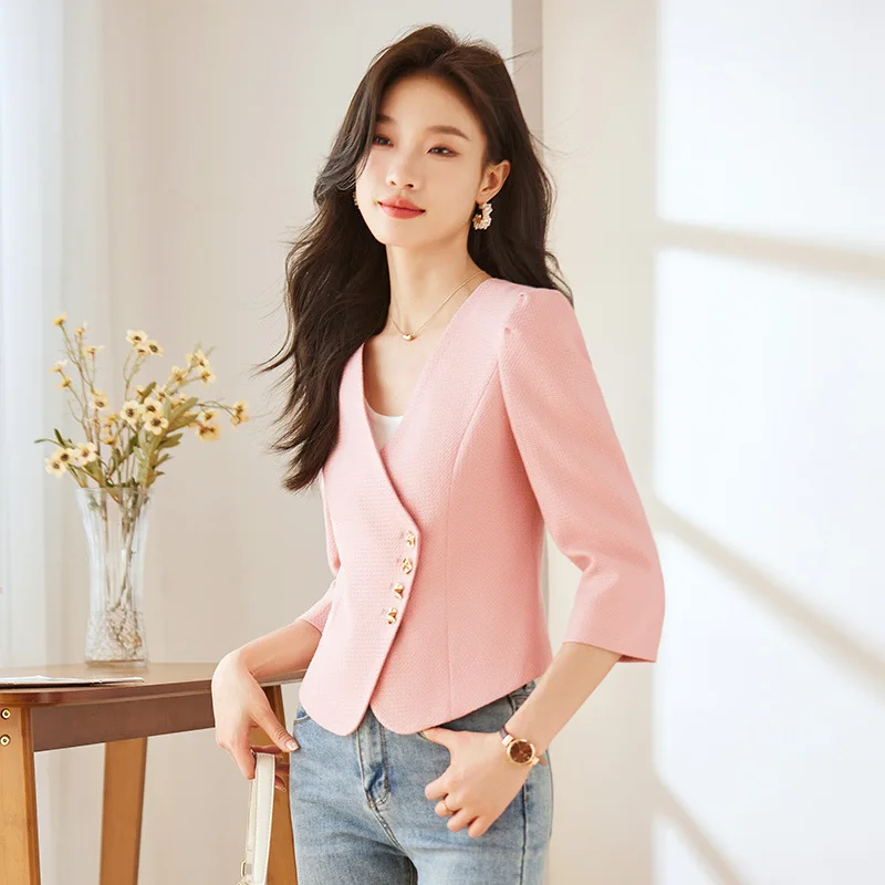 Collarless Small Suit Jacket for Women2024New Spring and Summer Design Short 3/4 Sleeve Suit Skirt Two-Piece Set