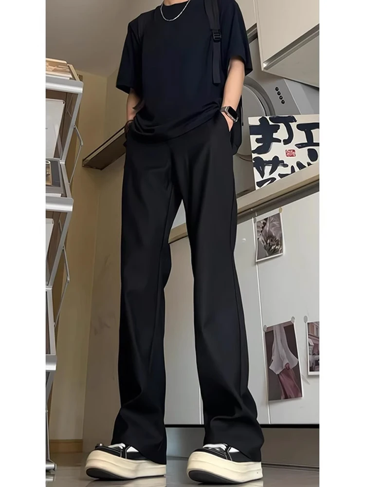 

Pure Black 527 Micro Flared Summer Men's Ice Silk Extended Long Straight Leg Pants Clean Fit Casual Trousers for Tall Guys