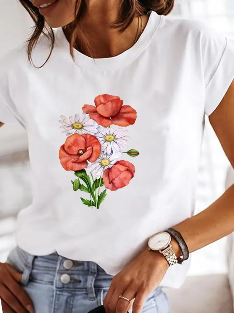 Flower Lovely Sweet Watercolor Fashion Lady Graphic Tee Clothes Short Sleeve T Clothing Print Women Female Casual T-shirts