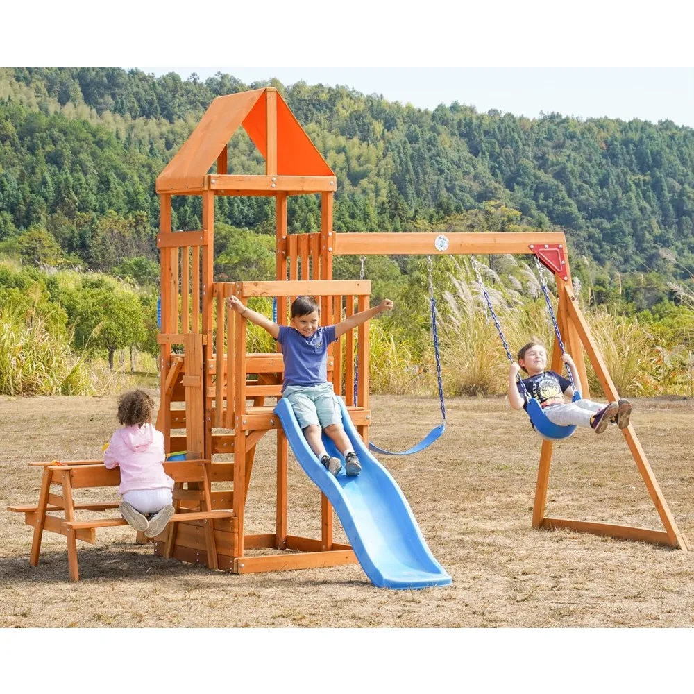 

Dolphin Playground Wooden Swing Sets for Backyard with 2 in 1 Outdoor Table, Outdoor Playset for Kids 3-10 with Rock Climbing