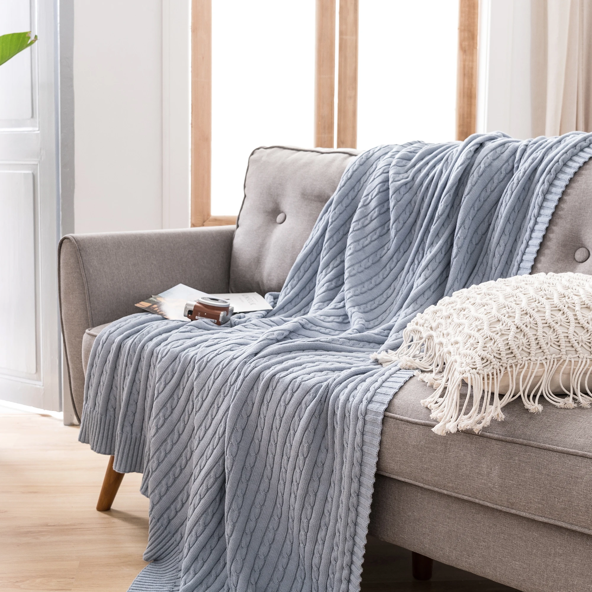 Battilo Cotton Knitted Throw Blanket Soft Cozy Cable Knit Sofa Throws Large Heavyweight Decorative Blanket for Twin Queen Bed