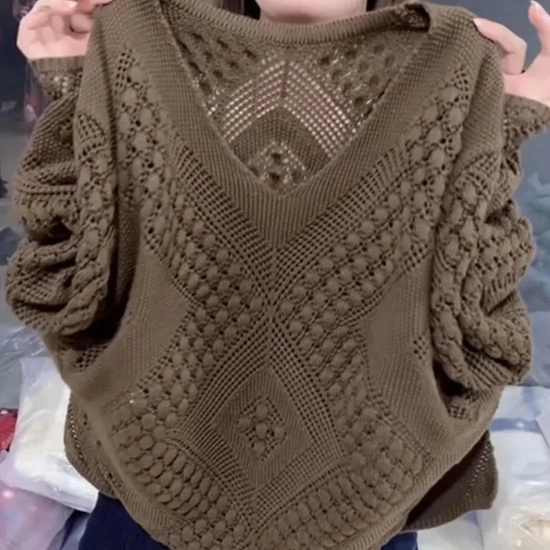 

Весенне-осенний полый свитер для женщин, новинка 2025 года, модный свободный вязаный свитер с длинными рукавами, пальто, женская повседневная верхняя одежда, женские топы