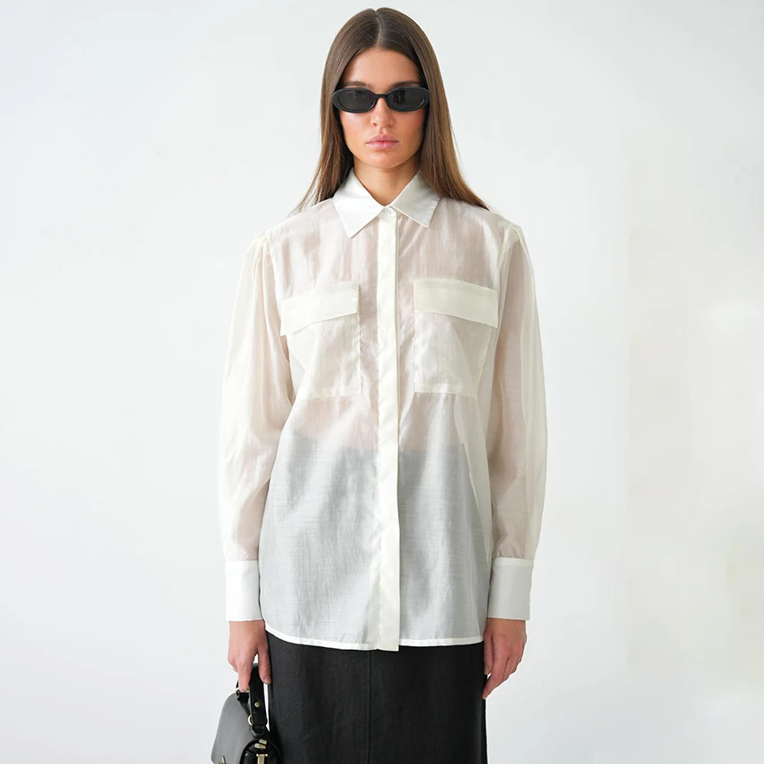 

Linad Office White Sheer With Pockets Shirts 2025 Autumn Casual Long Sleeve Blouse Women Sexy Single-Breasted Ladies Tops 2025