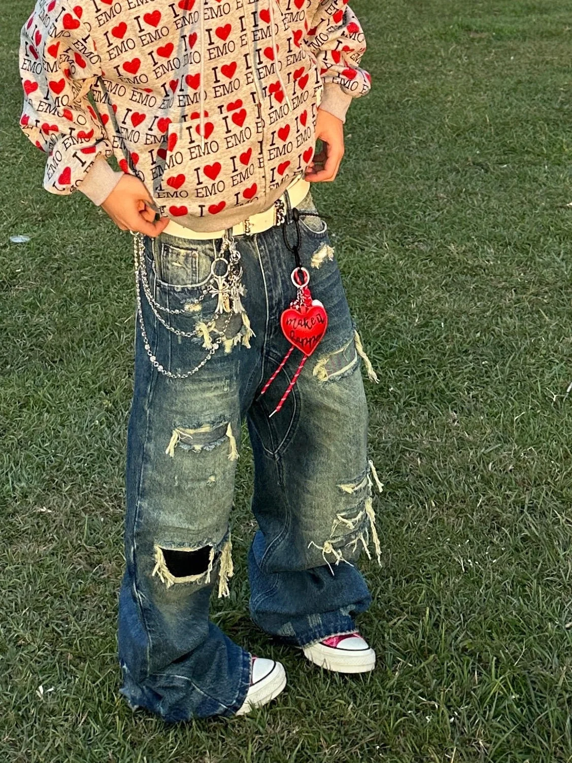 

Retro American Vibe Men's Loose Straight Leg Jeans Waed out Distred Frayed Patchwork Watermelon Pattern Youth Faion