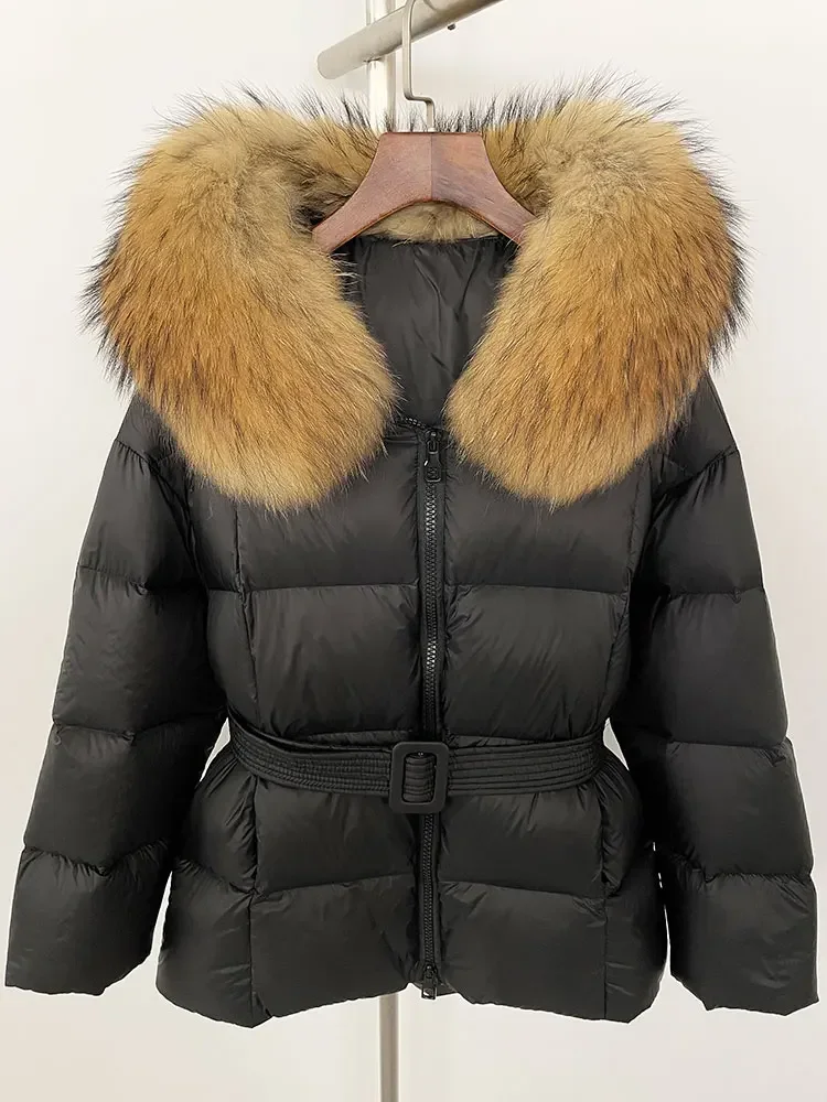 MENINA 2024 Thick Warm 90% White Duck Down Coat Winter Jacket Women Real Natural Raccoon Fox Fur Collar Hooded Female Casual