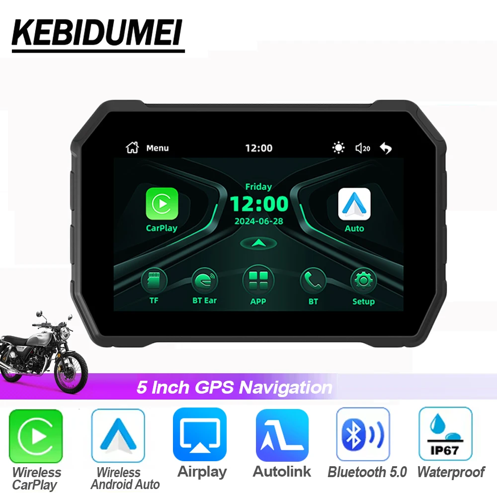 

5 inch Touch Screen Motorcycle Wireless Carplay & Airplay GPS Navigation Monitor Android Auto & Autolink Display IP67 Waterproof