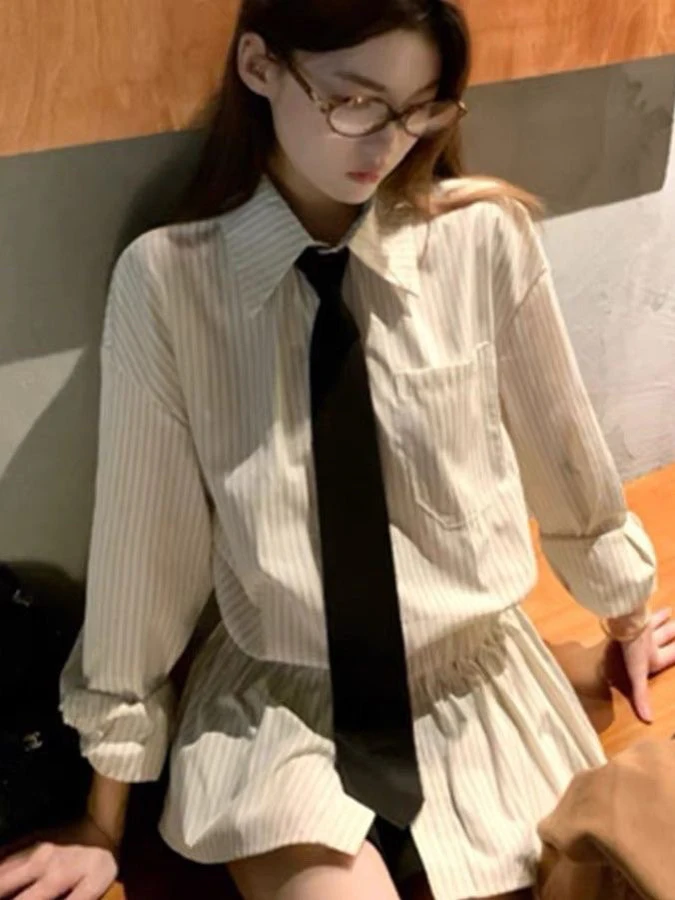 

plus Size Striped Long Sleeve Shirt Women's Loose Fitting Slimming Waist Cinched High End Feel Top for Autumn Season