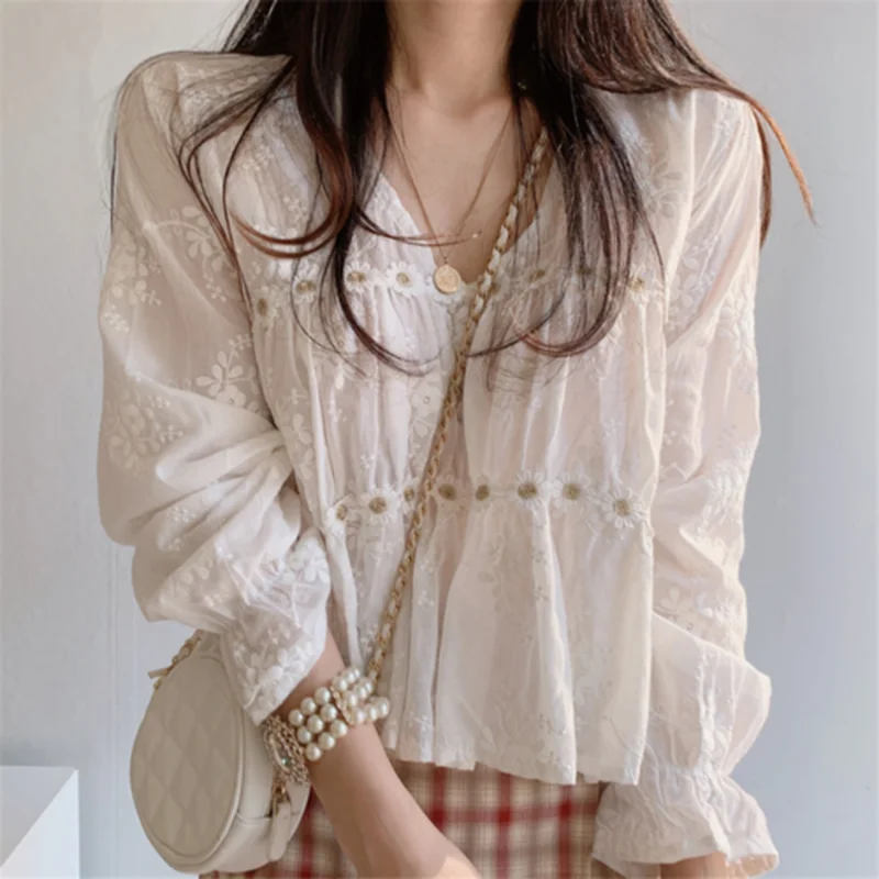 White Blouse Spring Hollow V-Neck Blouse Women Flower Loose Ladies Shirt Korean Sweet Long Sleeve