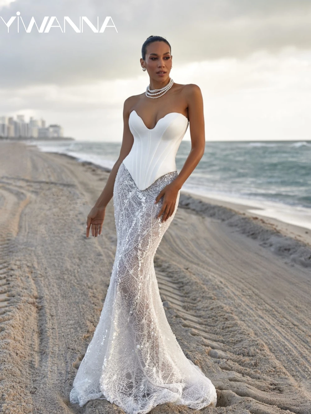 

With Corset Beaded Pearls Mermaid Long Wedding Dress Illusion Deep V-neck Bridal Gown Customized Elegant Beach Dresses For Bride