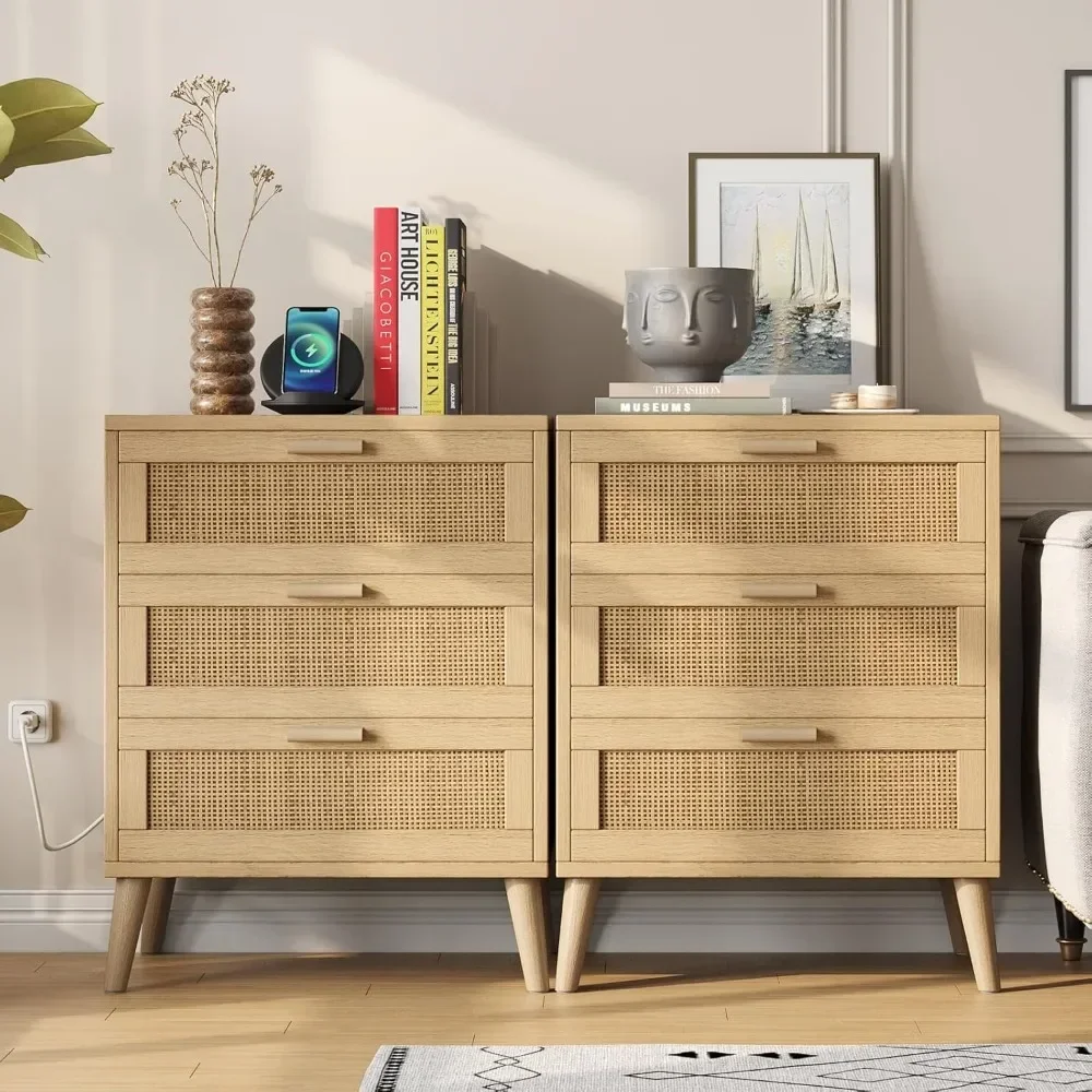 

Rattan Nightstand Set of 2, Farmhouse Night Stand with Charging Station & Rattan Decorated Drawers
