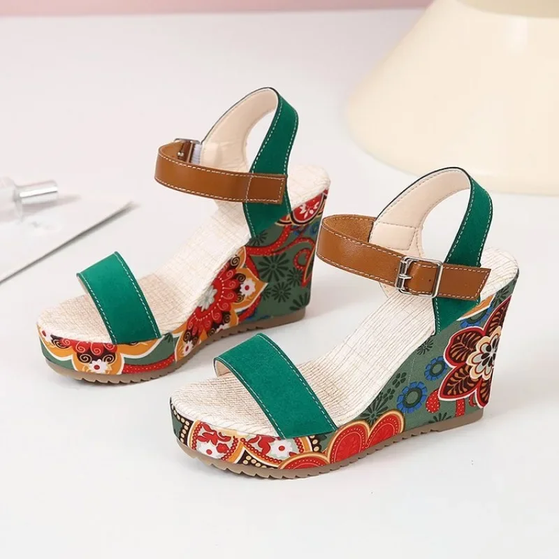 Shoes for Women Summer Wedge Sandals Retro Ethnic Printing Platform Shoes Ladies Casual Ankle Comfortable Sandalias De Mujer