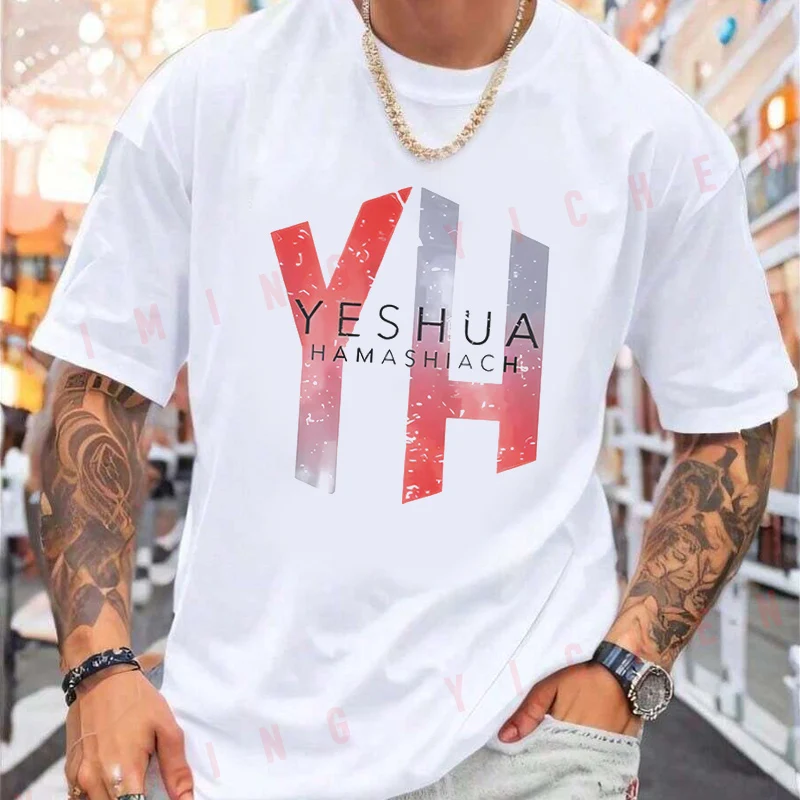 YH Hebrew Letter Print Motorcycle T-shirt Casual Trendy Tshirts For Summer Comfortable Short Sleeve Tops