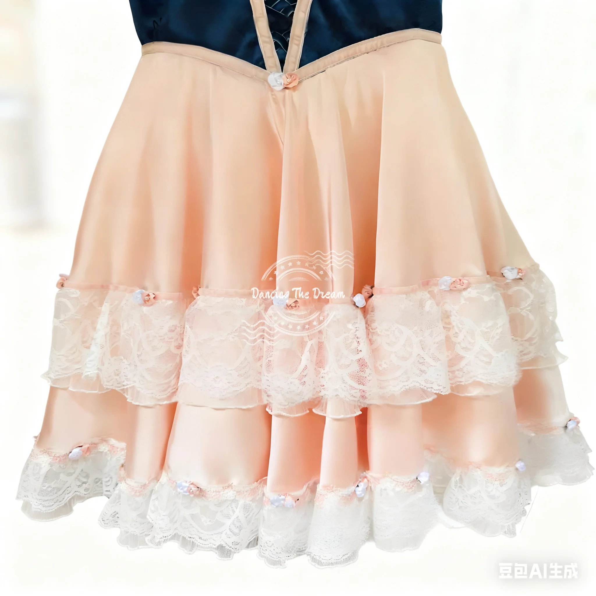 فستان باليه عتيق من الدانتيل المخملي - فستان باليه بأكمام منتفخة أنيق باللونين الأزرق الداكن والوردي