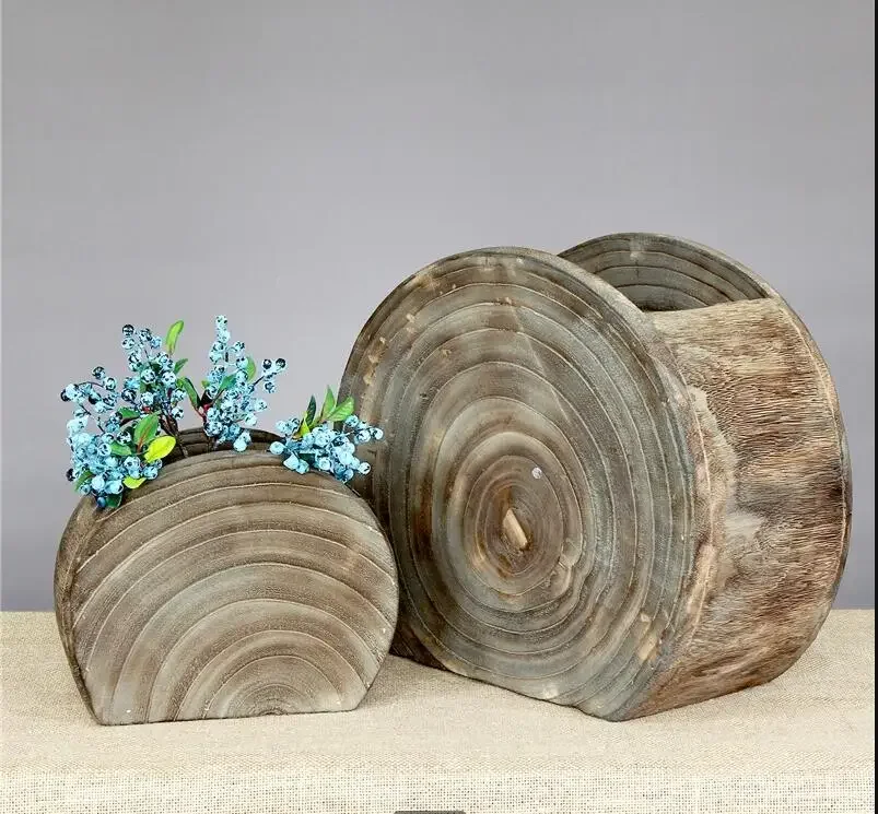 Handmade Wooden Vase Dried Flower Flowerpot Vessels Bucket Arrangement Floral Decoration Ornaments