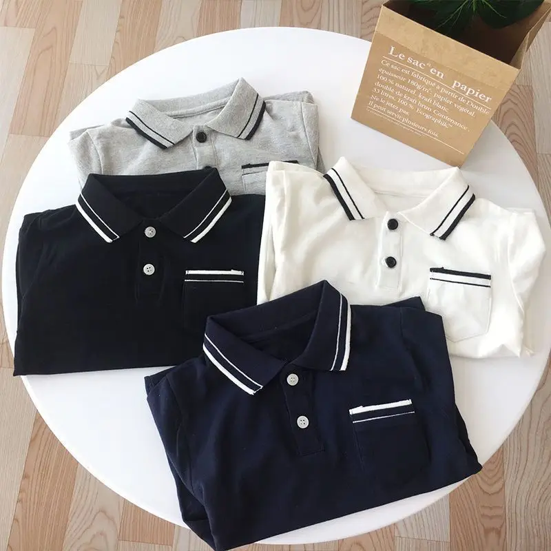 Boys Clothing Lapel Cotton Long Sleeve Spring New Korean Version Versatile Spliced Pocket Solid Color Kids Fashion Polo Shirt