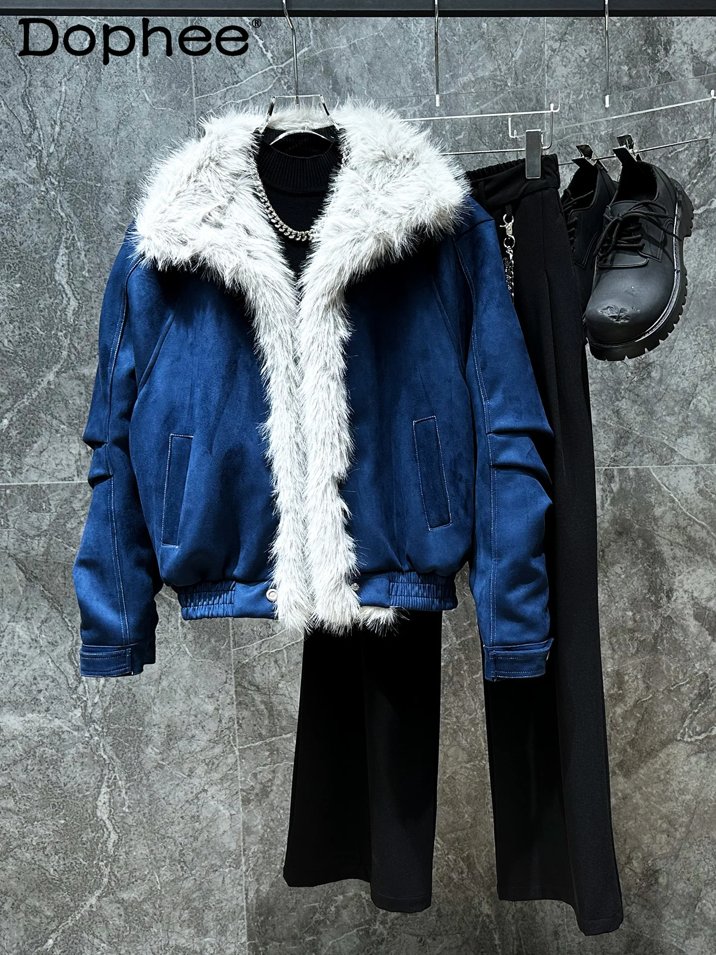 

2025 Winter New Design Fashion Trendy Fur Collar Jacket Thickened Warm Turn-down Collar American Style Coat for Men