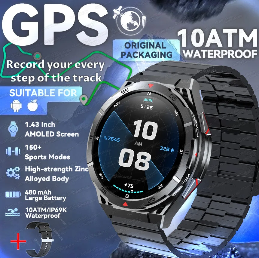 2025 GUHUAVMI GPS Professionelle Outdoor-Übungs-Smartwatch 1,45 Zoll Ultra HD integrierter GPS-Kompass BT-Anrufe 480 mAh Gesundheitstestuhr 10