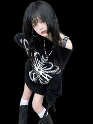 Kobiety Goth nadruk z czaszką sweter w stylu Harajuku dzianina Top estetyczny czarny sweter Harajuku moda Streetwear Top Y2k