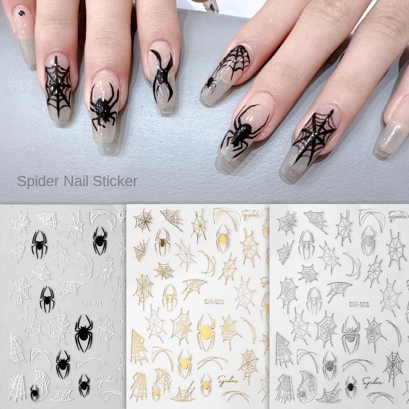 

Hot Selling Spider Web Nail Stickers with Black and White Hot Stamping, Spider Thin Ligaments, Back Glue Nail Decoration Patches