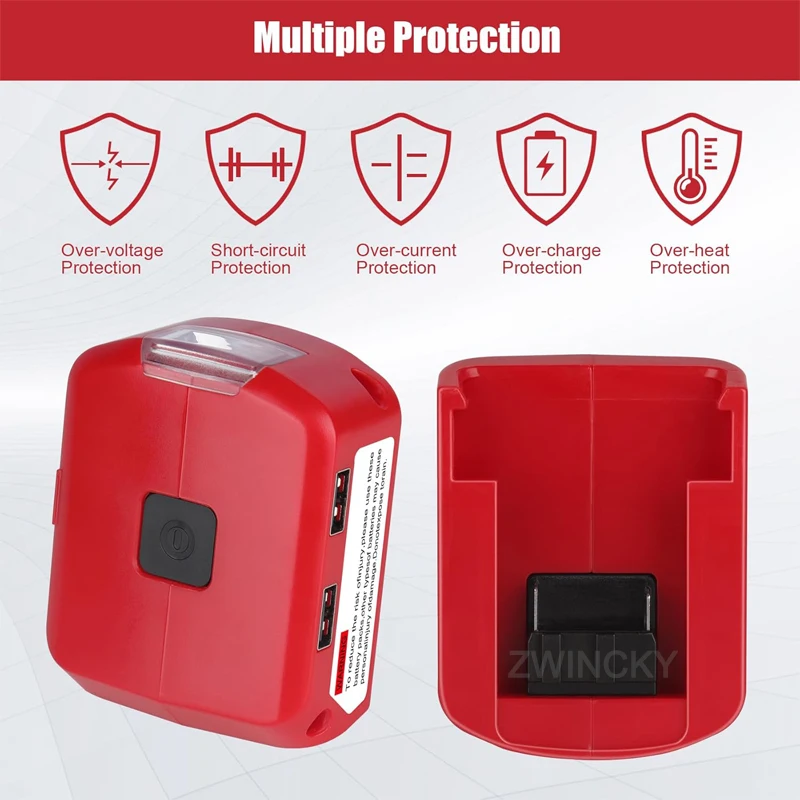 Imagem -03 - Adaptador de Bateria para Milwaukee Carregador Usb de Bateria 18v Fonte de Energia com Porta Usb Dupla dc 12v 2a Luz Led para Jaqueta Aquecida