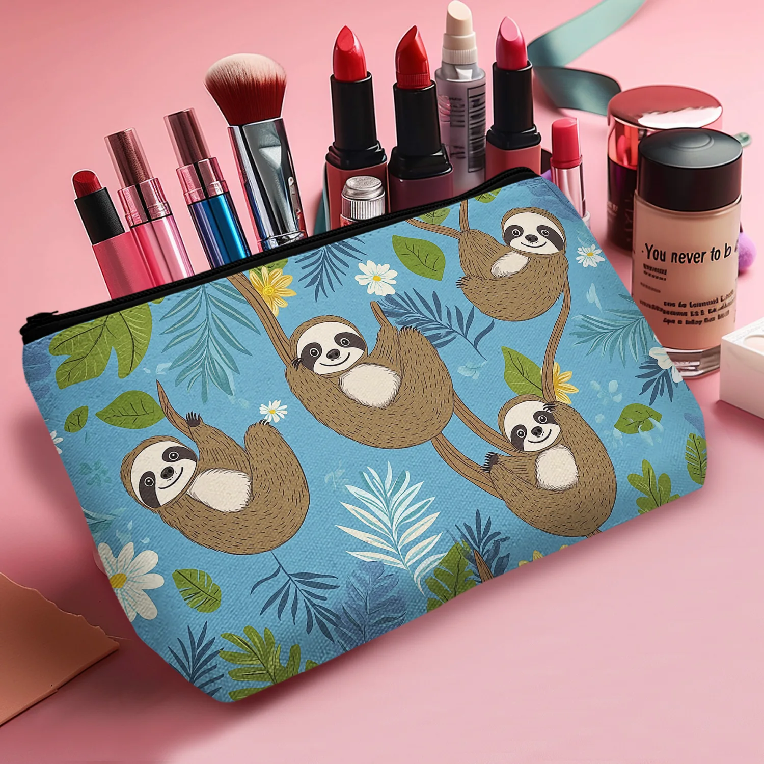 1 Pc Funny Sloth Green Leaf Women Makeup Bag Daughter Animal Lover Gift Purse Travel Organizer Toiletry Pouch Park