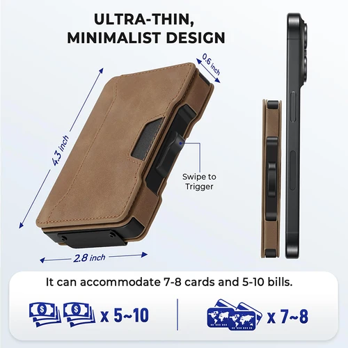 Imagen 2 del producto Tarjetero emergente de aluminio y ranuras de cuero, tarjetero con bloqueo RFID, billetera para hombres con caja de regalo