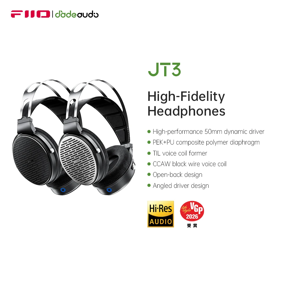 FiiO JT3 Écouteurs supra-auriculaires ouverts, pilote dynamique 50 mm, diaphragme composite PEK + PU, câble détachable 3,5 mm avec micro