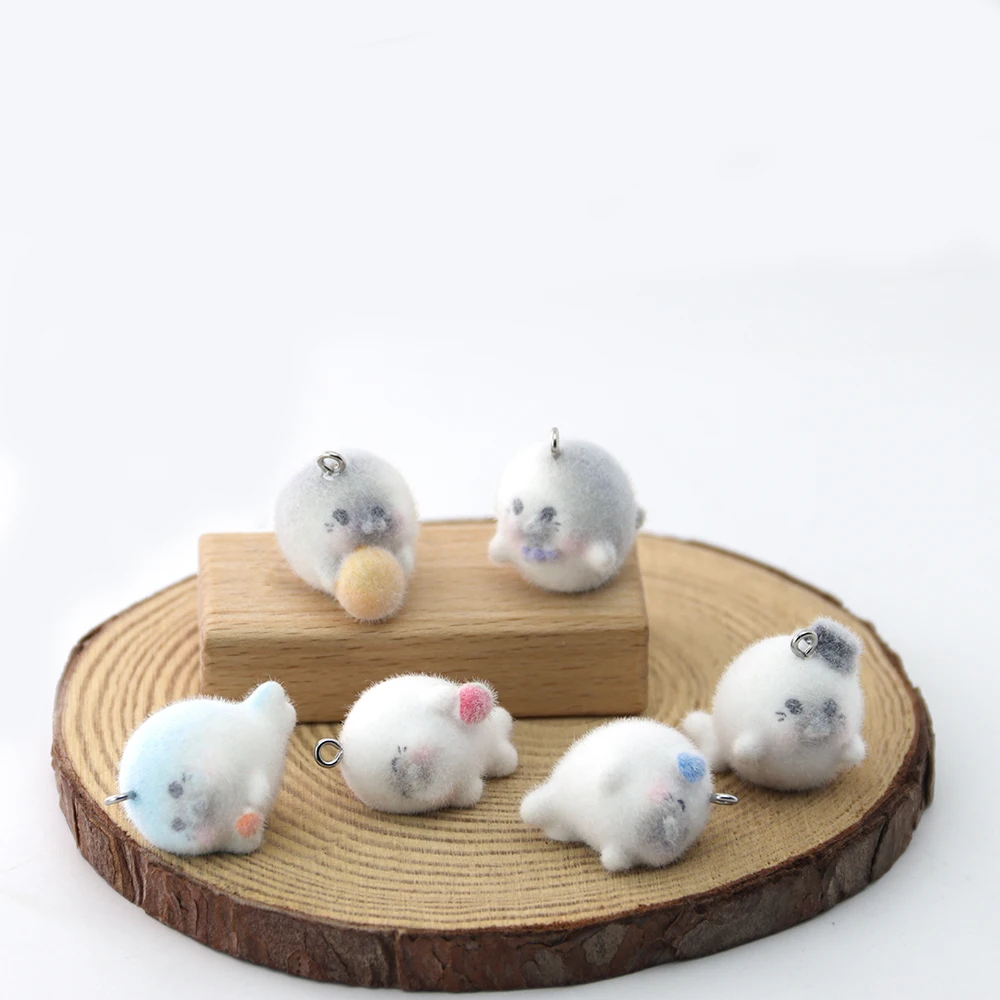 12PCS 3D Resin Flocking Seal Charms Plush Doll Animal Pendant  for Necklace Keychain Making DIY Jewelry Accessories Wholesale