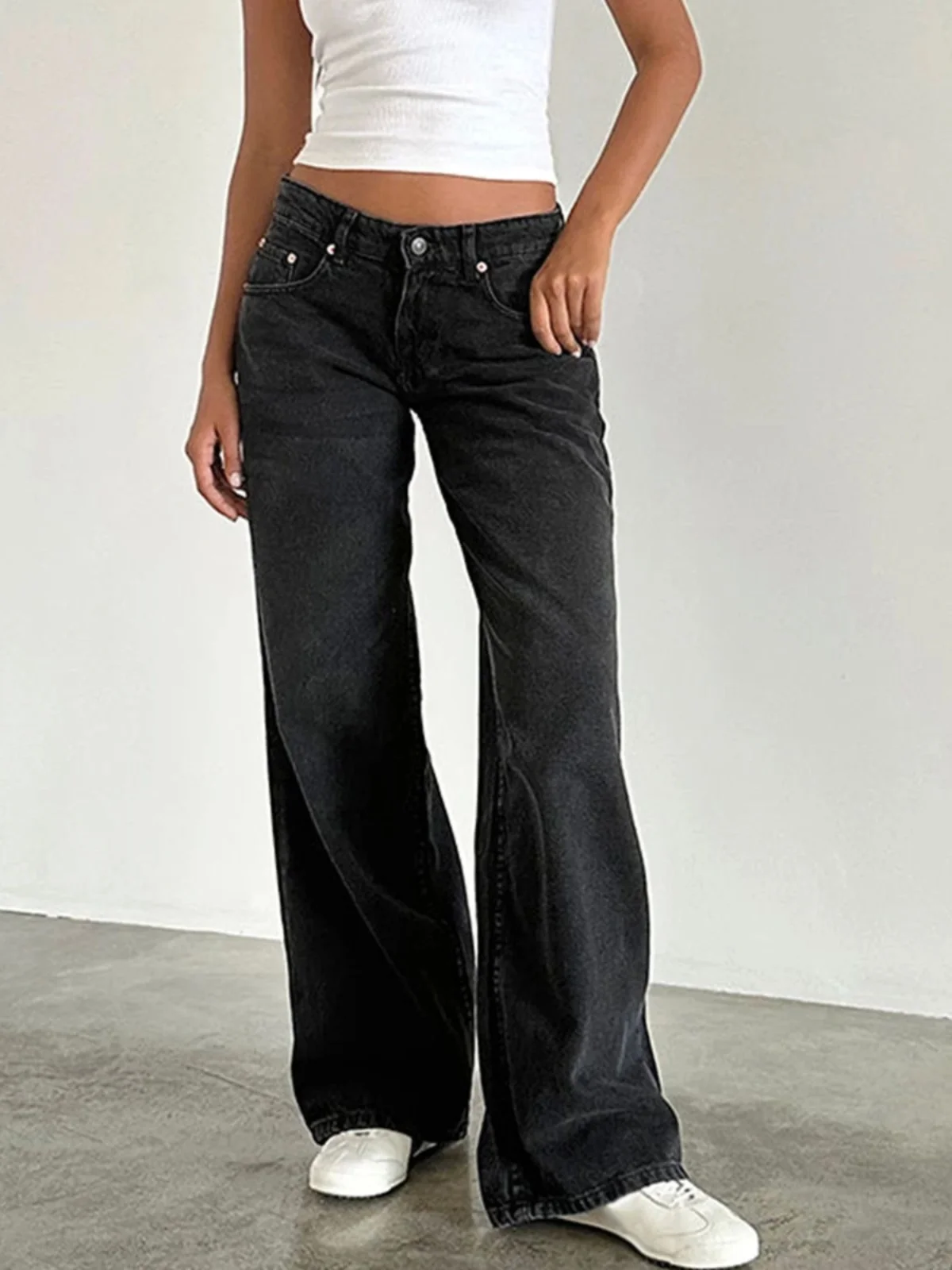 Pantalon décontracté taille basse ample à jambes larges pour femme, confortable, jambes droites, coupe ample, taille basse, Long