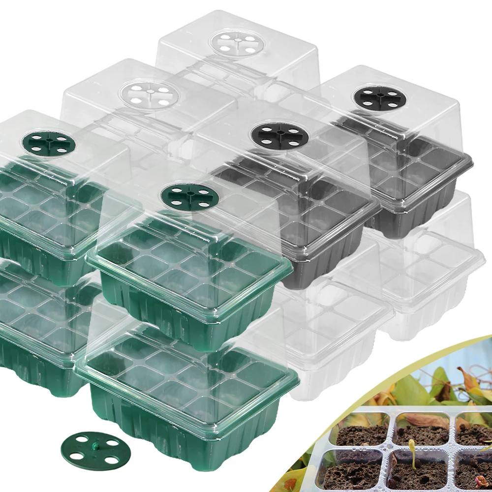 12-Cell Seedling Starter Trays Seed Starter Kit with Humidity Adjustable Dome Plant Germination Trays Nursery Grow Box Visible