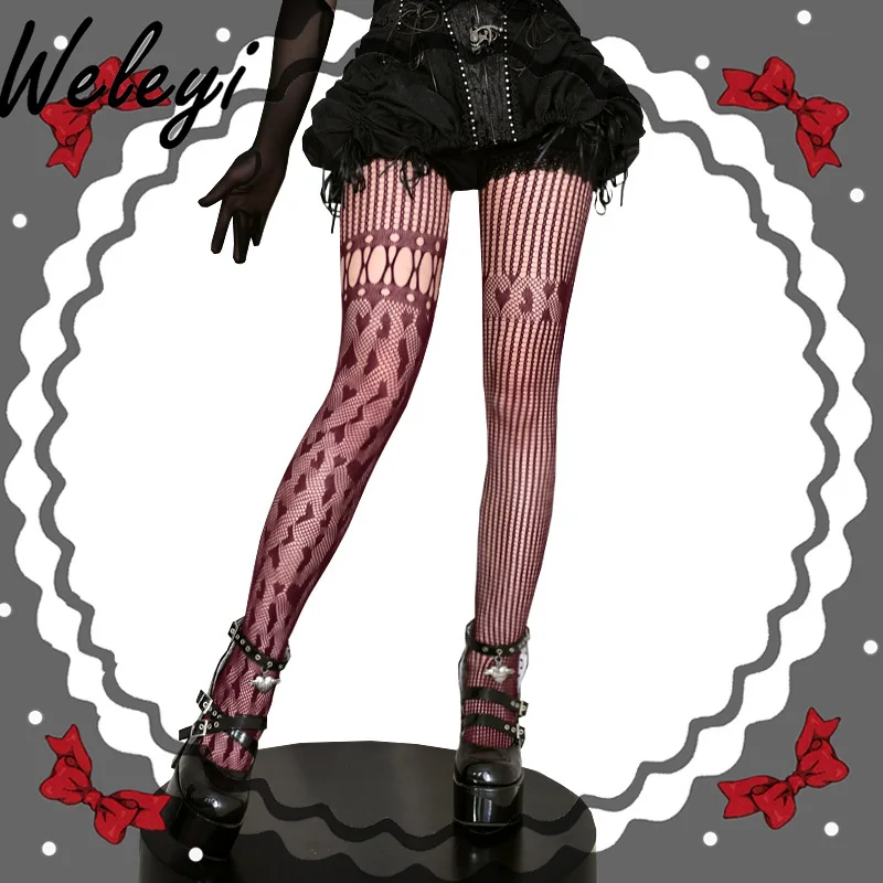 Sweet Cool Girl Asymmetrical Fishnet Socks LoJirai Kei Tights Lolita Love Lace Hollow Pantyhose Personalized Bottom Stockings