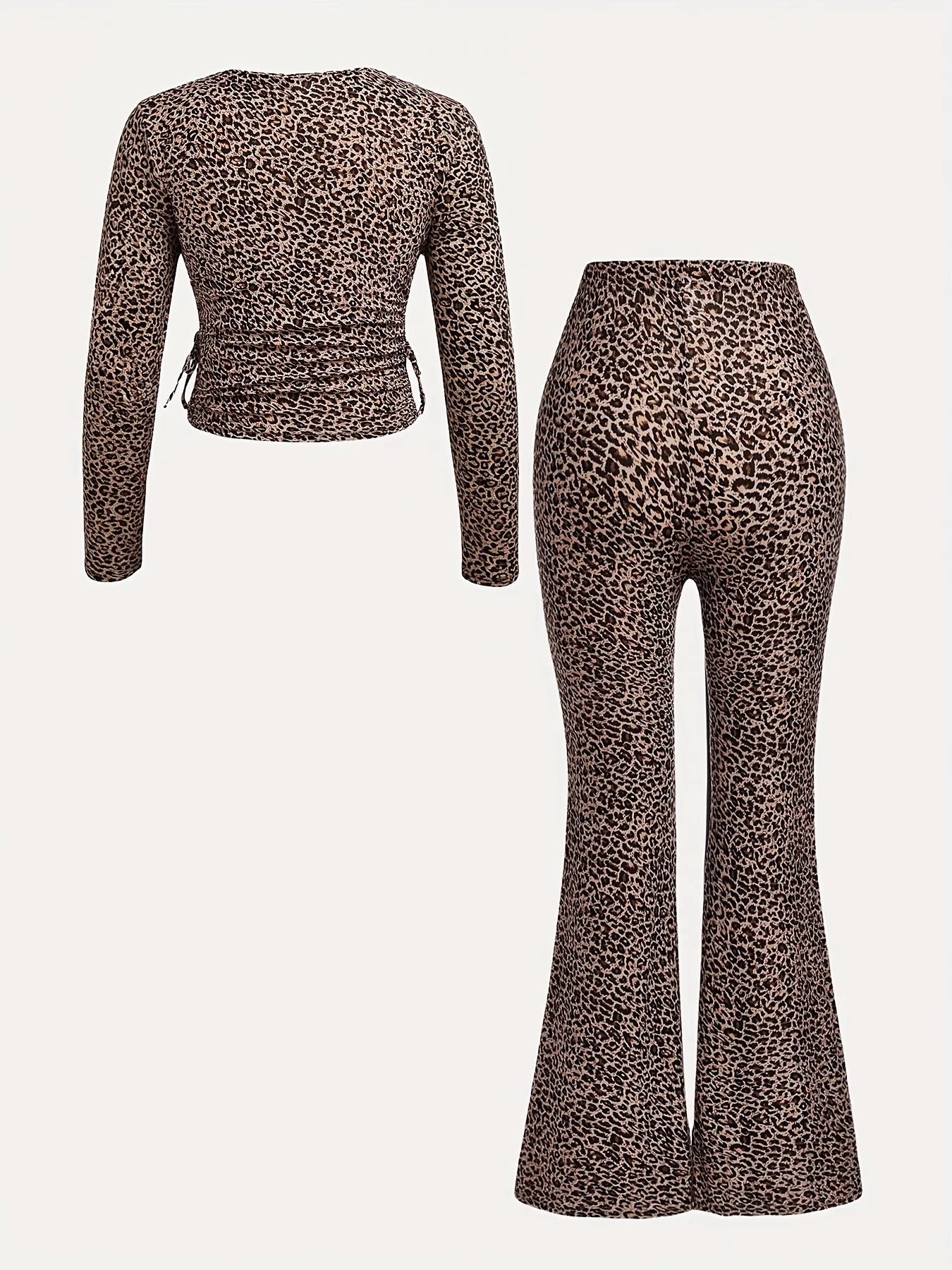Mädchen-Herbst-Outfit-Set: Zufällig ausgewähltes Leopardenmuster-Strickoberteil + Plissierte Rundhals- und Schlaghose, Zweiteiliges Set, geeignet für Kinder über 5 Jahre, vielseitige Kleidung für Zuhause und Ausflüge. – Detail 2