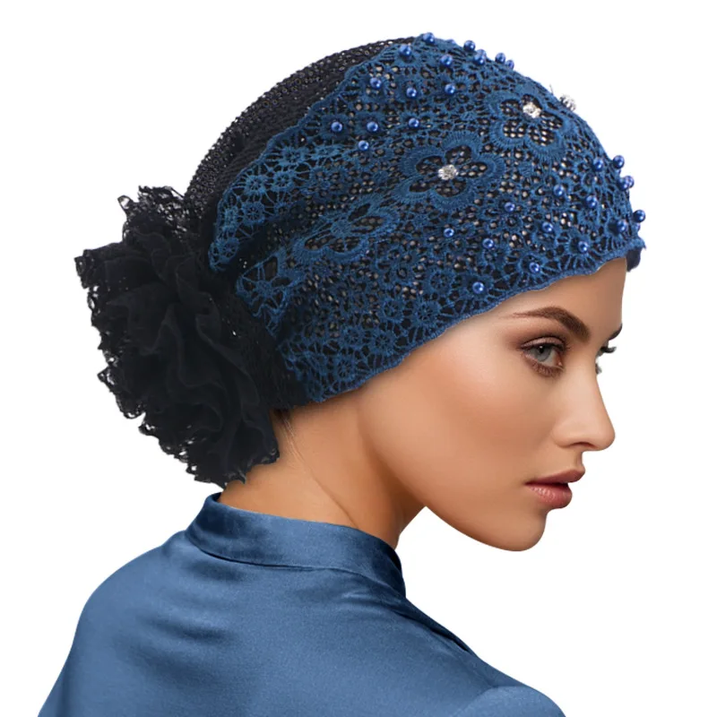 

Embroidery Beading Lace Turban Cap for Women Head Cover Cap Breathable Female Head Wraps Islamic Headwear Bonnet Turbante Mejur