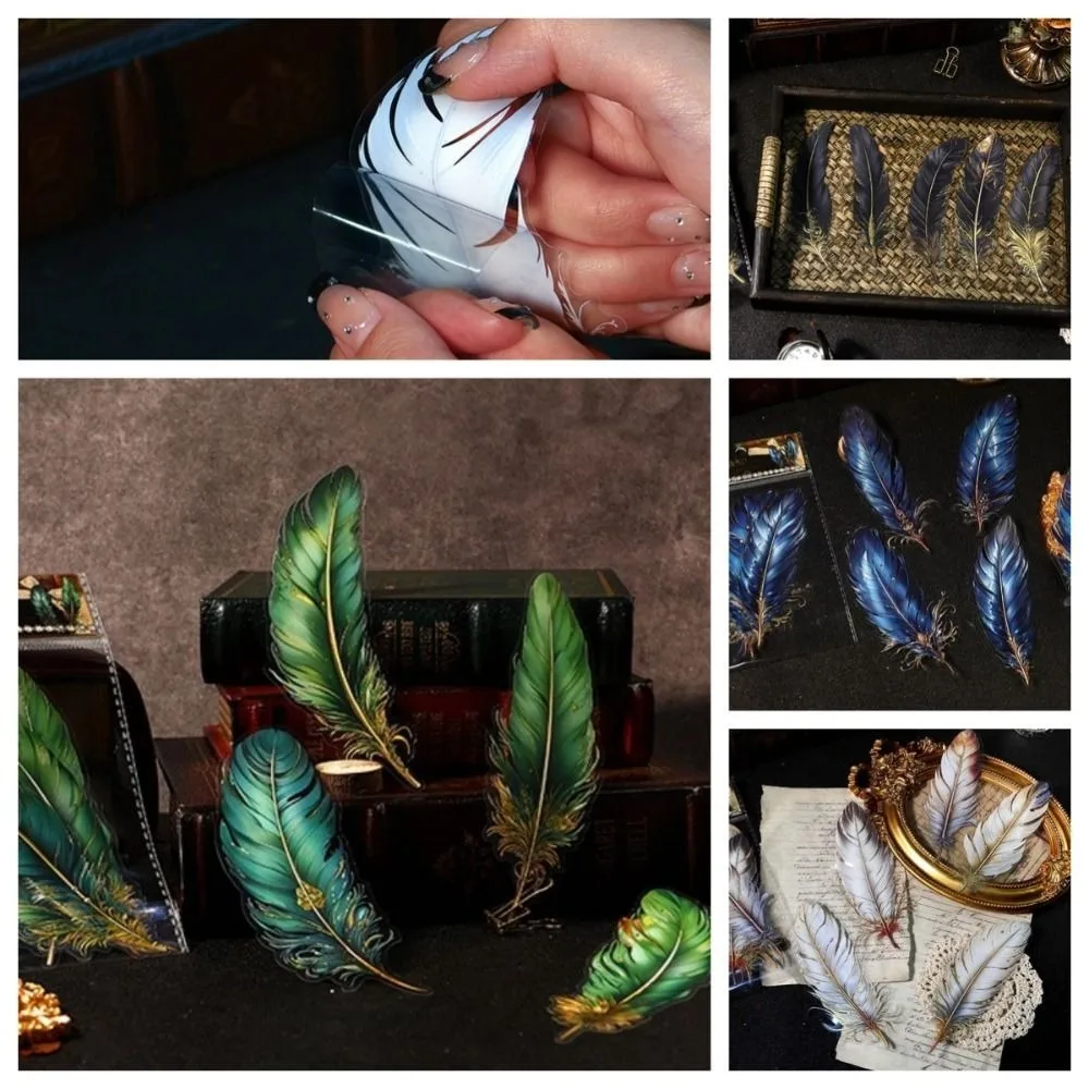 PET Feather Stamping Sticker Retro Waterproof Handbook Sticker Gilded Feather Glass Sticker DIY Decoration Sticker Craft Lovers