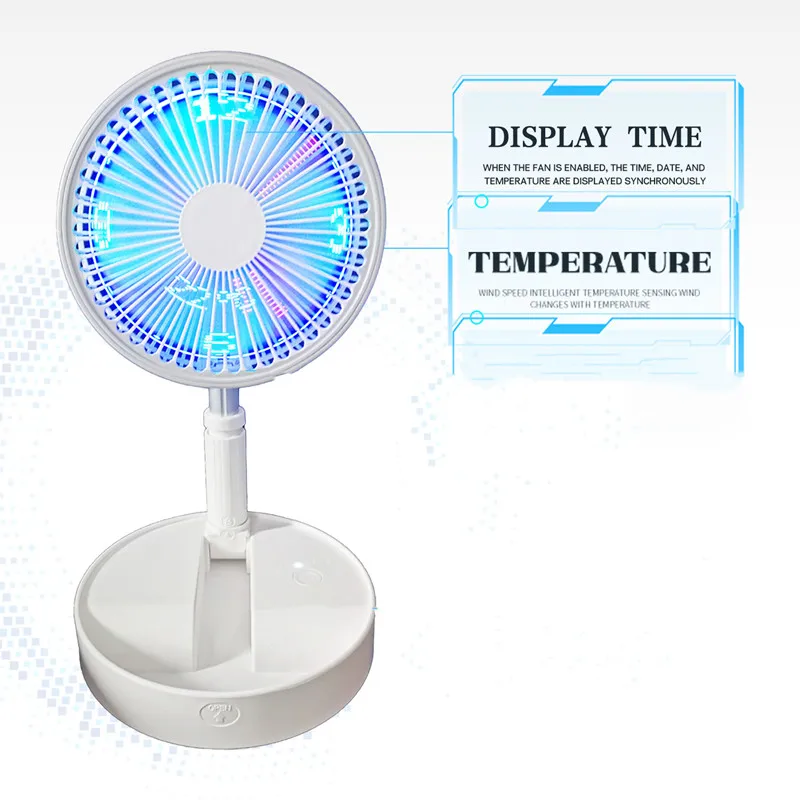 Mini Usb Fan With Clock Led 8inch Strong Wind Desk Outdoors Foldable Portable Fans Battery Build-in Phone Stand Summer Cooling