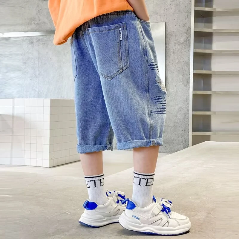 Boys Fashion Hole Jeans Short Pants Leisure Sports Pocket Decoration Five-point Denim Trousers Sport Clothing Outwear For Kid