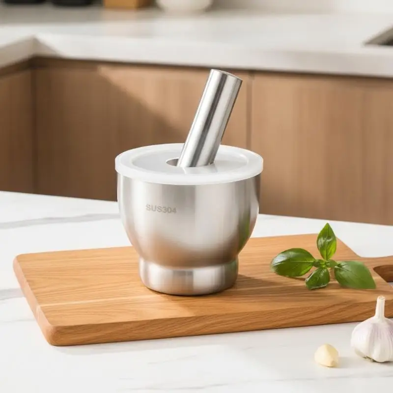 Durable Stainless Steel Mortar and Pestle with Lid Ergonomic Non-Slip Grip Spice Crusher for Home Kitchen Pill Herb Grinding