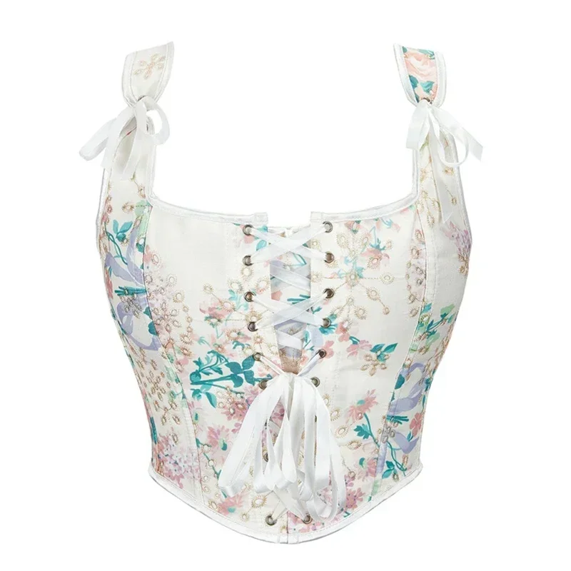 

Beige Printed With Embroidery Decoration Overbust Corset Crop Tops Vintage Slimming Adjustable Shoulder Strap Bustier Vest