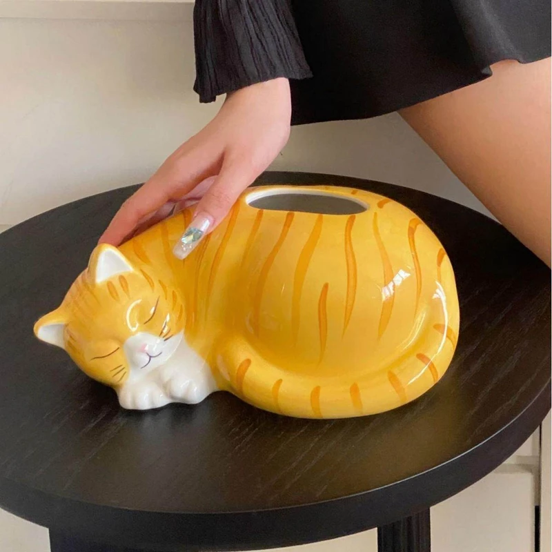 Boîte à mouchoirs en céramique créative en forme de chat, décoration d'intérieur, porte-serviettes de bureau, figurine décorative