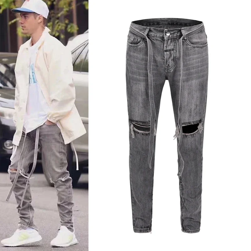 

Aelfric Eden High Street Frayed Hole Sashes Jean Pant Men Retro Straight Distressed Ripped Casual Oversized Baggy Denim Trousers